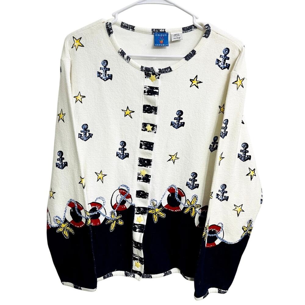 Vintage Nautical Coastal‎ Sailor Stars Grandma Cardigan Size L Artsy Art to Wear